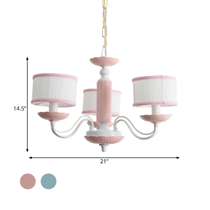 Macaroon 3/6 Bulbs Pendant Light Pink/Blue Drum Chandelier Lighting Fixture with Fabric Shade Clearhalo 'Ceiling Lights' 'Chandeliers' Lighting' options 819405