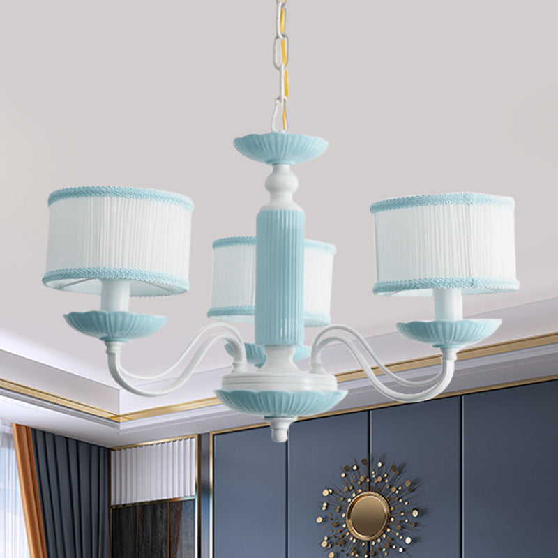 Macaroon 3/6 Bulbs Pendant Light Pink/Blue Drum Chandelier Lighting Fixture with Fabric Shade Clearhalo 'Ceiling Lights' 'Chandeliers' Lighting' options 819406