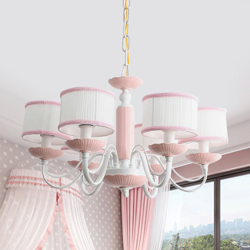 Macaroon 3/6 Bulbs Pendant Light Pink/Blue Drum Chandelier Lighting Fixture with Fabric Shade Clearhalo 'Ceiling Lights' 'Chandeliers' Lighting' options 819410