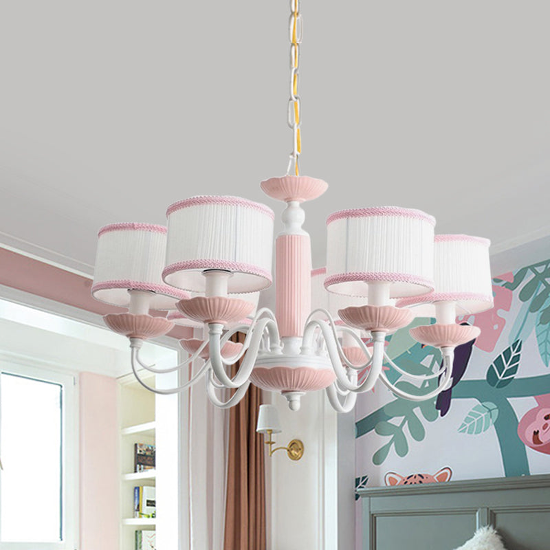 Macaroon 3/6 Bulbs Pendant Light Pink/Blue Drum Chandelier Lighting Fixture with Fabric Shade Clearhalo 'Ceiling Lights' 'Chandeliers' Lighting' options 819411