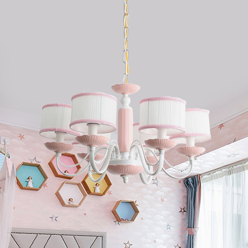 Macaroon 3/6 Bulbs Pendant Light Pink/Blue Drum Chandelier Lighting Fixture with Fabric Shade Clearhalo 'Ceiling Lights' 'Chandeliers' Lighting' options 819412