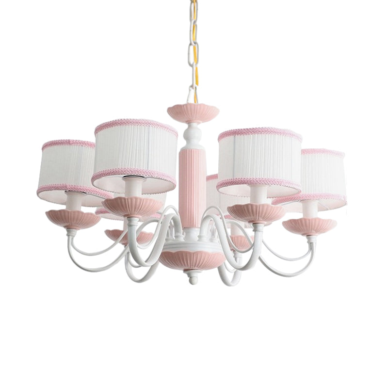 Macaroon 3/6 Bulbs Pendant Light Pink/Blue Drum Chandelier Lighting Fixture with Fabric Shade Clearhalo 'Ceiling Lights' 'Chandeliers' Lighting' options 819413