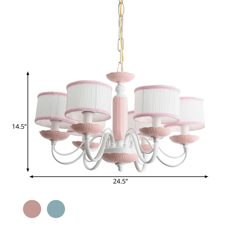 Macaroon 3/6 Bulbs Pendant Light Pink/Blue Drum Chandelier Lighting Fixture with Fabric Shade Clearhalo 'Ceiling Lights' 'Chandeliers' Lighting' options 819414