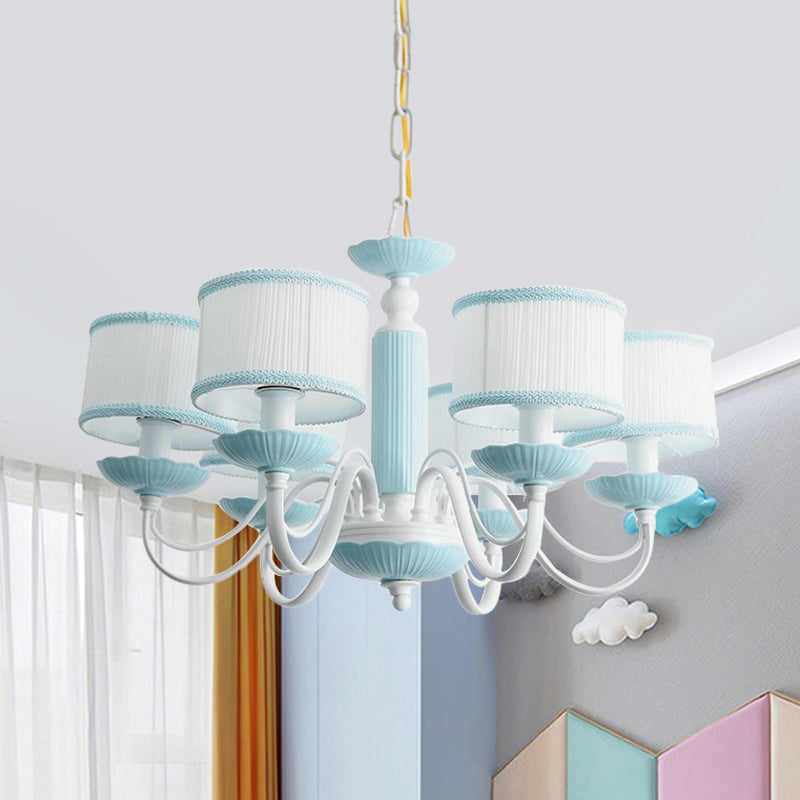 Macaroon 3/6 Bulbs Pendant Light Pink/Blue Drum Chandelier Lighting Fixture with Fabric Shade Clearhalo 'Ceiling Lights' 'Chandeliers' Lighting' options 819415