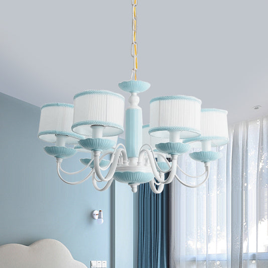 Macaroon 3/6 Bulbs Pendant Light Pink/Blue Drum Chandelier Lighting Fixture with Fabric Shade Clearhalo 'Ceiling Lights' 'Chandeliers' Lighting' options 819416