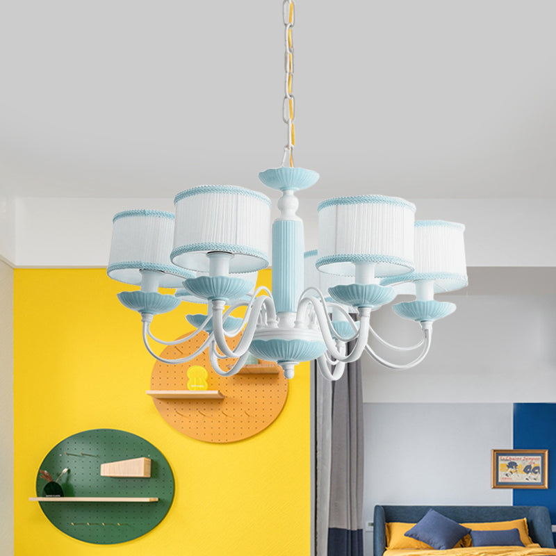 Macaroon 3/6 Bulbs Pendant Light Pink/Blue Drum Chandelier Lighting Fixture with Fabric Shade Clearhalo 'Ceiling Lights' 'Chandeliers' Lighting' options 819417