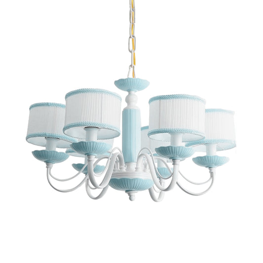 Macaroon 3/6 Bulbs Pendant Light Pink/Blue Drum Chandelier Lighting Fixture with Fabric Shade Clearhalo 'Ceiling Lights' 'Chandeliers' Lighting' options 819418