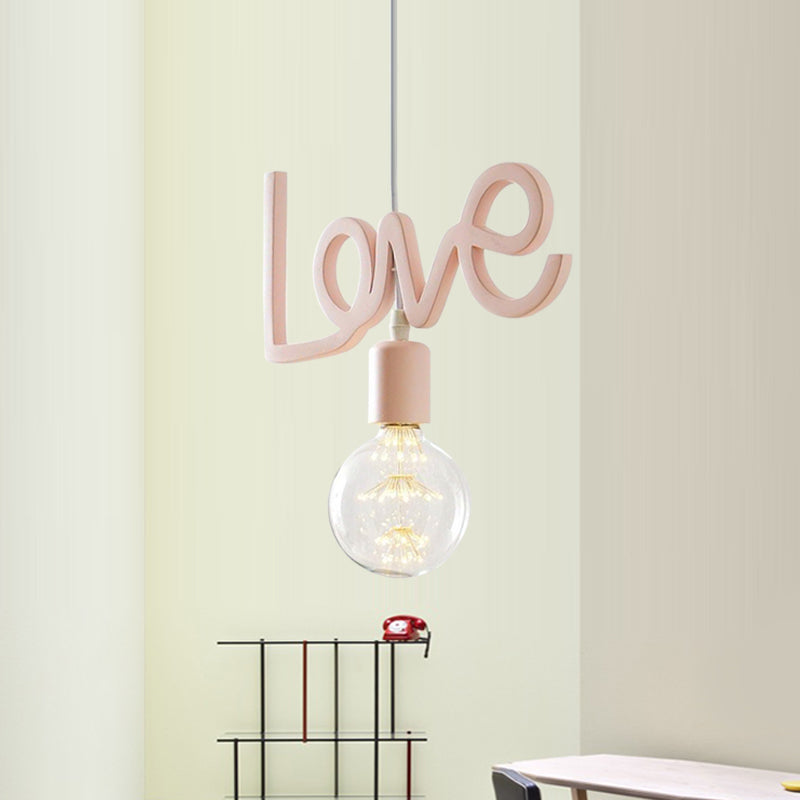 Macaroon Bare Bulb Drop Lamp Resin 1 Bulb Living Room Pendant in Pink with Letter Design Pink Clearhalo 'Ceiling Lights' 'Pendant Lights' 'Pendants' Lighting' 819423_0b818483-4538-4f9c-8cc5-3b74bc681ab5