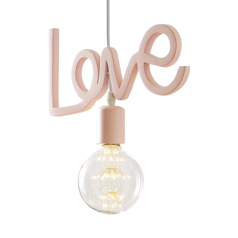 Macaroon Bare Bulb Drop Lamp Resin 1 Bulb Living Room Pendant in Pink with Letter Design Clearhalo 'Ceiling Lights' 'Pendant Lights' 'Pendants' Lighting' 819425