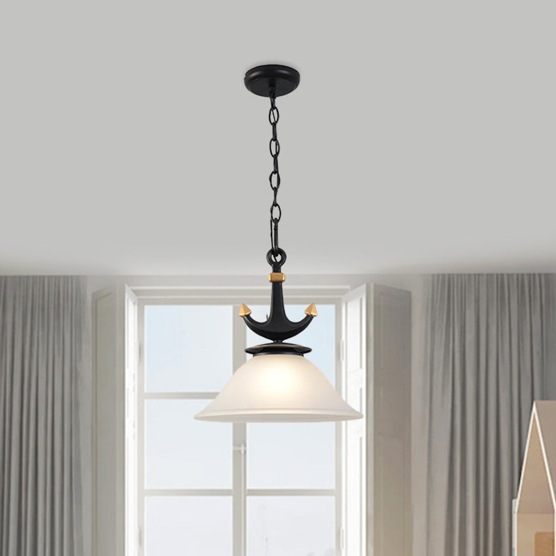 Bell/Cylinder Drop Pendant Mediterranean Cream Glass 1 Head Black Ceiling Light with Anchor Design, Small/Large Clearhalo 'Ceiling Lights' 'Pendant Lights' 'Pendants' Lighting' 819437