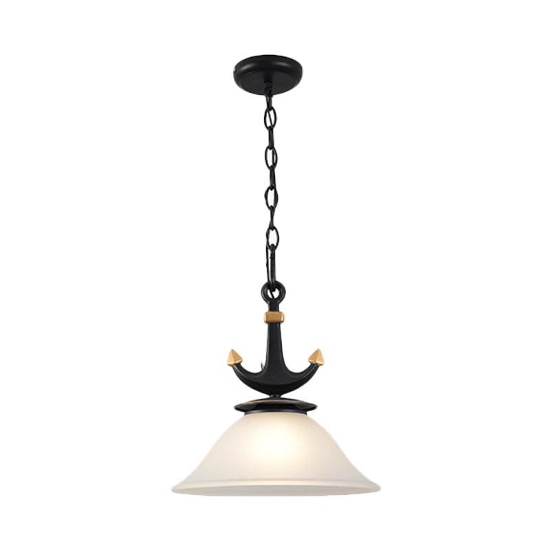 Bell/Cylinder Drop Pendant Mediterranean Cream Glass 1 Head Black Ceiling Light with Anchor Design, Small/Large Clearhalo 'Ceiling Lights' 'Pendant Lights' 'Pendants' Lighting' 819438