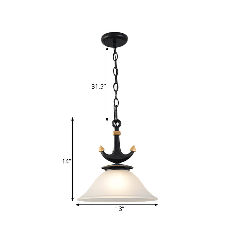 Bell/Cylinder Drop Pendant Mediterranean Cream Glass 1 Head Black Ceiling Light with Anchor Design, Small/Large Clearhalo 'Ceiling Lights' 'Pendant Lights' 'Pendants' Lighting' 819440