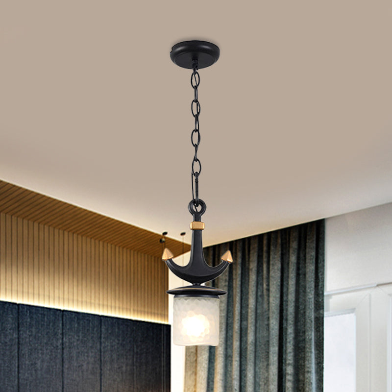 Bell/Cylinder Drop Pendant Mediterranean Cream Glass 1 Head Black Ceiling Light with Anchor Design, Small/Large Clearhalo 'Ceiling Lights' 'Pendant Lights' 'Pendants' Lighting' 819441
