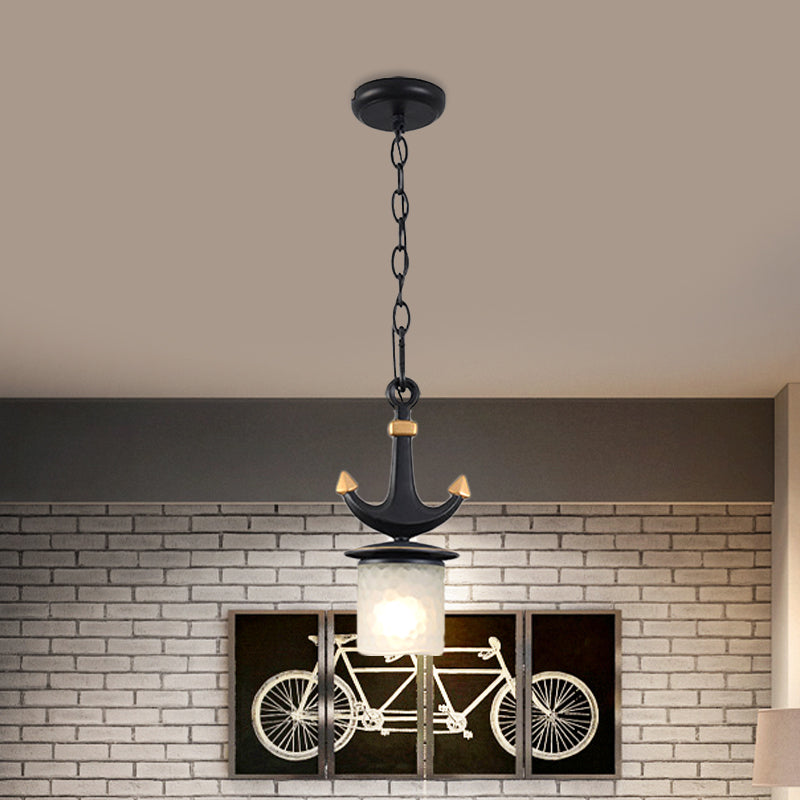 Bell/Cylinder Drop Pendant Mediterranean Cream Glass 1 Head Black Ceiling Light with Anchor Design, Small/Large Clearhalo 'Ceiling Lights' 'Pendant Lights' 'Pendants' Lighting' 819442