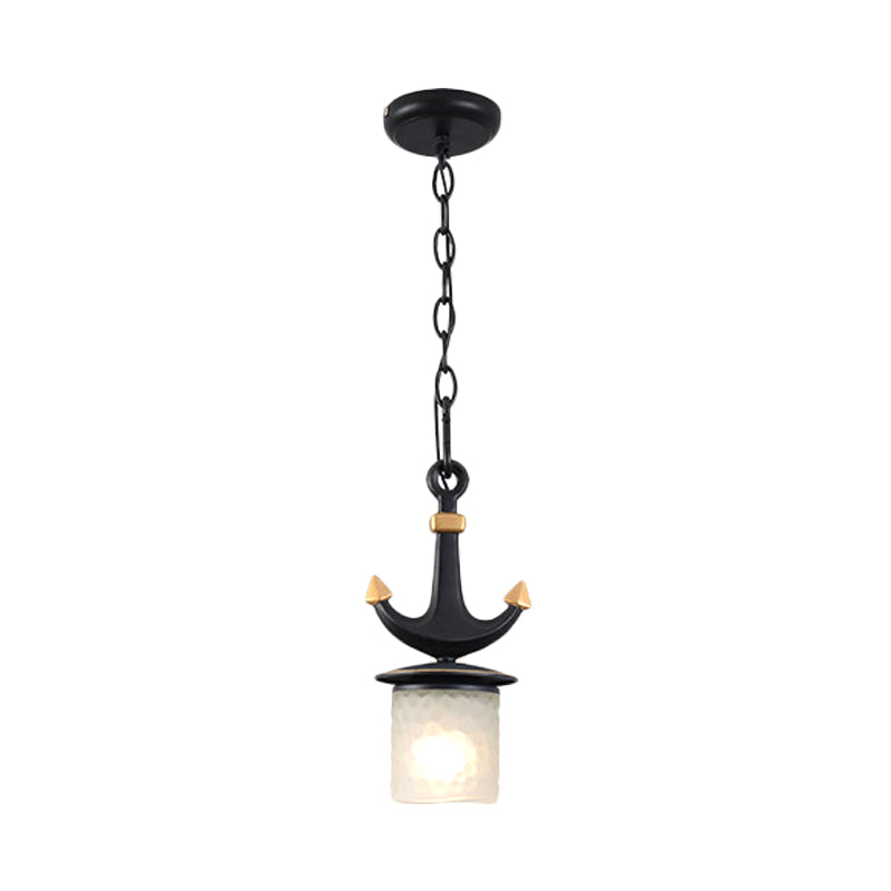 Bell/Cylinder Drop Pendant Mediterranean Cream Glass 1 Head Black Ceiling Light with Anchor Design, Small/Large Clearhalo 'Ceiling Lights' 'Pendant Lights' 'Pendants' Lighting' 819444