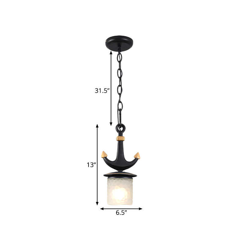 Bell/Cylinder Drop Pendant Mediterranean Cream Glass 1 Head Black Ceiling Light with Anchor Design, Small/Large Clearhalo 'Ceiling Lights' 'Pendant Lights' 'Pendants' Lighting' 819445
