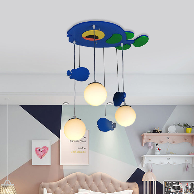Fish Wooden Multi Light Pendant Kids 3 Bulbs Blue Hanging Lamp with Orb White Glass Shade Clearhalo 'Ceiling Lights' 'Pendant Lights' 'Pendants' Lighting' 819446