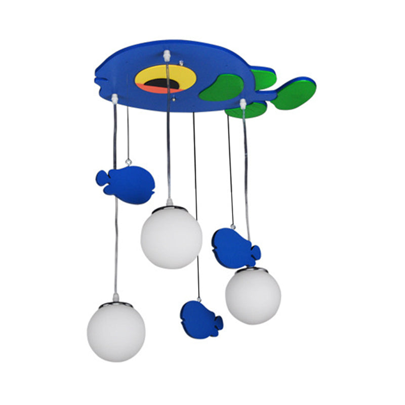 Fish Wooden Multi Light Pendant Kids 3 Bulbs Blue Hanging Lamp with Orb White Glass Shade Clearhalo 'Ceiling Lights' 'Pendant Lights' 'Pendants' Lighting' 819448