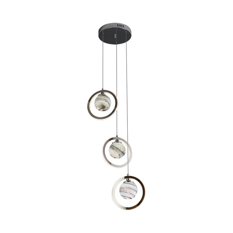 Planet Pendant Light Fixture Nordic Frosted Glass 3 Heads Chrome Hanging Lamp for Dining Room Clearhalo 'Ceiling Lights' 'Glass shade' 'Glass' 'Pendant Lights' 'Pendants' Lighting' 819452