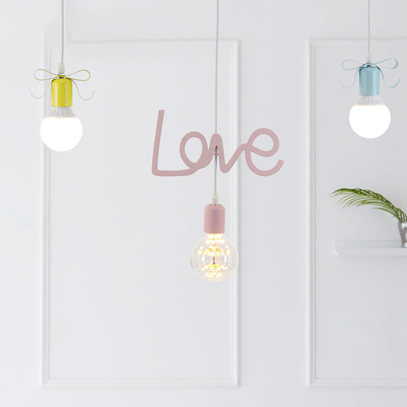Bare Bulb Resin Cluster Pendant Macaroon 3-Light Red-Yellow-Blue Ceiling Light with Bow and Letter Design Red-Yellow-Blue Clearhalo 'Ceiling Lights' 'Pendant Lights' 'Pendants' Lighting' 819454_c4ec54b6-f46a-4c05-be4f-6179b272b549
