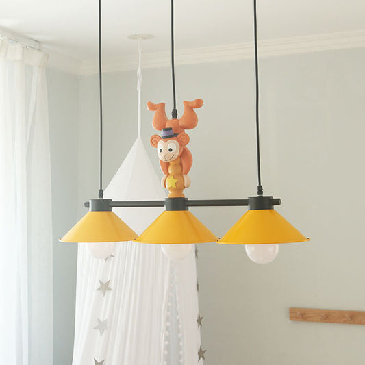 Yellow Cone Island Light Fixture Cartoon 3-Head Metal Pendant Lamp with Monkey Decoration Yellow Clearhalo 'Ceiling Lights' 'Island Lights' Lighting' 819474