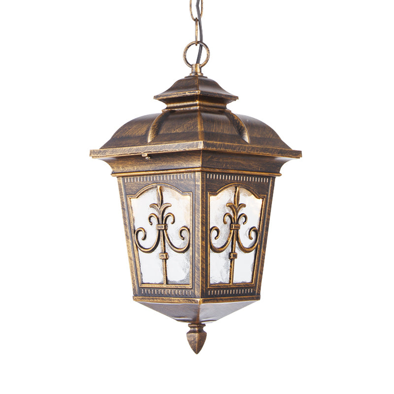 Clear Ripple Glass Black/Bronze Ceiling Lamp Lantern Shaped 1-Light Farmhouse Pendant Light Fixture for Patio Clearhalo 'Ceiling Lights' 'Glass shade' 'Glass' 'Pendant Lights' 'Pendants' Lighting' 819479