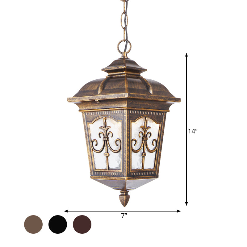 Clear Ripple Glass Black/Bronze Ceiling Lamp Lantern Shaped 1-Light Farmhouse Pendant Light Fixture for Patio Clearhalo 'Ceiling Lights' 'Glass shade' 'Glass' 'Pendant Lights' 'Pendants' Lighting' 819481