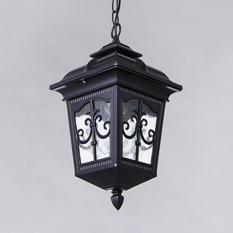 Clear Ripple Glass Black/Bronze Ceiling Lamp Lantern Shaped 1-Light Farmhouse Pendant Light Fixture for Patio Clearhalo 'Ceiling Lights' 'Glass shade' 'Glass' 'Pendant Lights' 'Pendants' Lighting' 819485