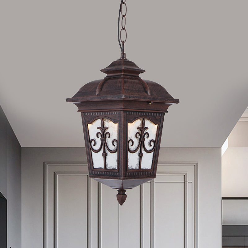 Clear Ripple Glass Black/Bronze Ceiling Lamp Lantern Shaped 1-Light Farmhouse Pendant Light Fixture for Patio Rust Clearhalo 'Ceiling Lights' 'Glass shade' 'Glass' 'Pendant Lights' 'Pendants' Lighting' 819486