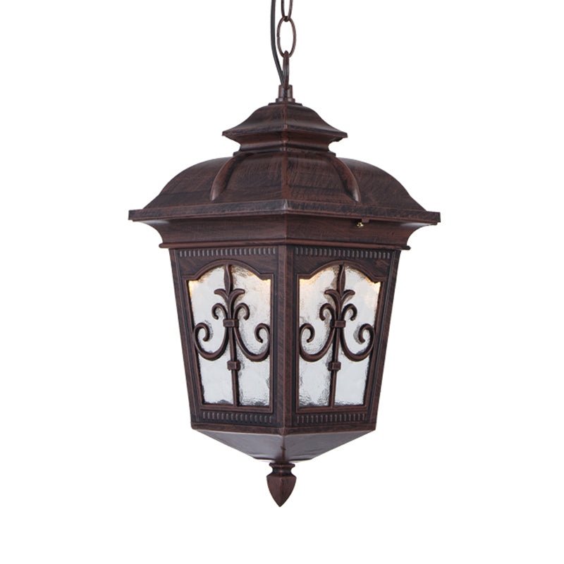 Clear Ripple Glass Black/Bronze Ceiling Lamp Lantern Shaped 1-Light Farmhouse Pendant Light Fixture for Patio Clearhalo 'Ceiling Lights' 'Glass shade' 'Glass' 'Pendant Lights' 'Pendants' Lighting' 819488