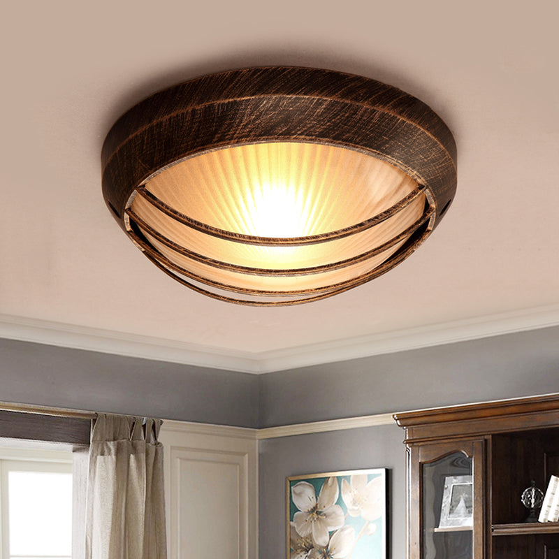 Bowl Frosted Ribbed Glass Flush Mount Rustic 1-Light Porch Ceiling Mounted Light in Bronze with Metal Cage Bronze B Clearhalo 'Ceiling Lights' 'Close To Ceiling Lights' 'Close to ceiling' 'Flush mount' Lighting' 819512