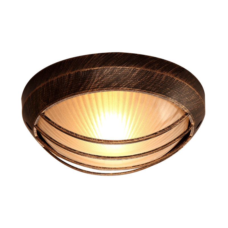 Bowl Frosted Ribbed Glass Flush Mount Rustic 1-Light Porch Ceiling Mounted Light in Bronze with Metal Cage Clearhalo 'Ceiling Lights' 'Close To Ceiling Lights' 'Close to ceiling' 'Flush mount' Lighting' 819513