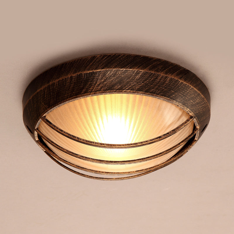 Bowl Frosted Ribbed Glass Flush Mount Rustic 1-Light Porch Ceiling Mounted Light in Bronze with Metal Cage Clearhalo 'Ceiling Lights' 'Close To Ceiling Lights' 'Close to ceiling' 'Flush mount' Lighting' 819514