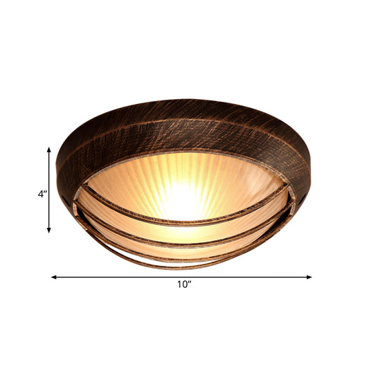 Bowl Frosted Ribbed Glass Flush Mount Rustic 1-Light Porch Ceiling Mounted Light in Bronze with Metal Cage Clearhalo 'Ceiling Lights' 'Close To Ceiling Lights' 'Close to ceiling' 'Flush mount' Lighting' 819515