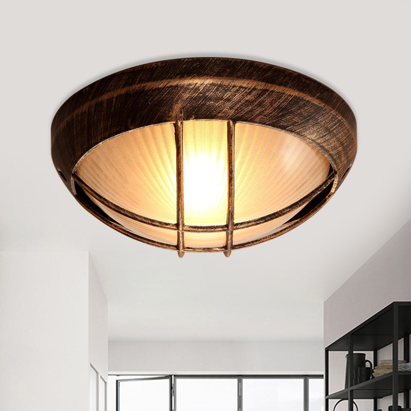 Bowl Frosted Ribbed Glass Flush Mount Rustic 1-Light Porch Ceiling Mounted Light in Bronze with Metal Cage Bronze C Clearhalo 'Ceiling Lights' 'Close To Ceiling Lights' 'Close to ceiling' 'Flush mount' Lighting' 819516