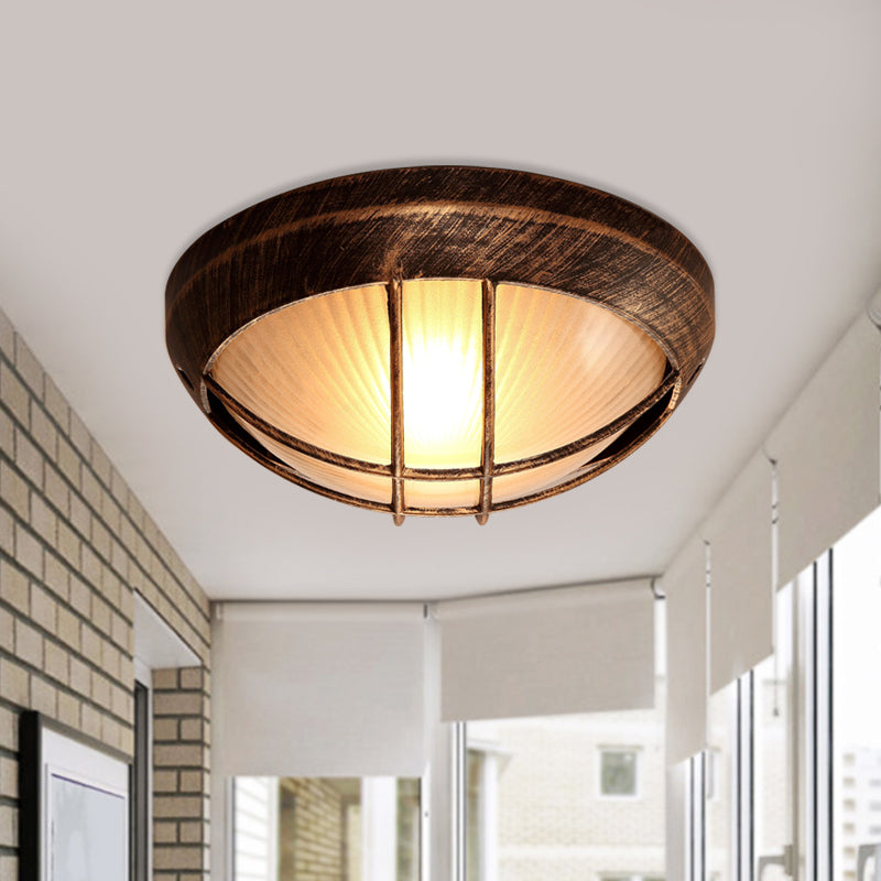 Bowl Frosted Ribbed Glass Flush Mount Rustic 1-Light Porch Ceiling Mounted Light in Bronze with Metal Cage Clearhalo 'Ceiling Lights' 'Close To Ceiling Lights' 'Close to ceiling' 'Flush mount' Lighting' 819517