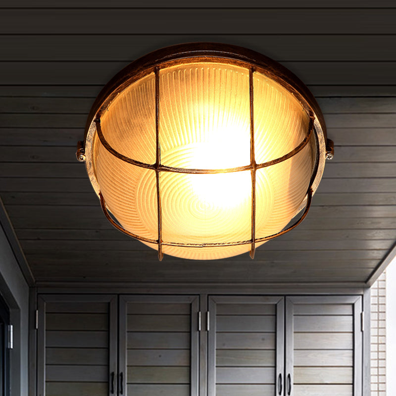 Bowl Frosted Ribbed Glass Flush Mount Rustic 1-Light Porch Ceiling Mounted Light in Bronze with Metal Cage Bronze A Clearhalo 'Ceiling Lights' 'Close To Ceiling Lights' 'Close to ceiling' 'Flush mount' Lighting' 819520