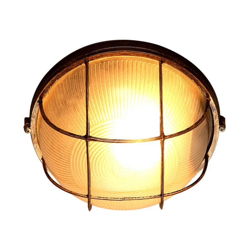 Bowl Frosted Ribbed Glass Flush Mount Rustic 1-Light Porch Ceiling Mounted Light in Bronze with Metal Cage Clearhalo 'Ceiling Lights' 'Close To Ceiling Lights' 'Close to ceiling' 'Flush mount' Lighting' 819522