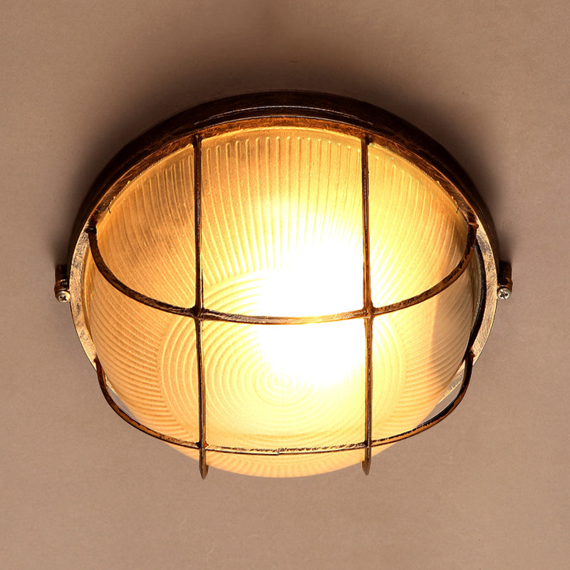 Bowl Frosted Ribbed Glass Flush Mount Rustic 1-Light Porch Ceiling Mounted Light in Bronze with Metal Cage Clearhalo 'Ceiling Lights' 'Close To Ceiling Lights' 'Close to ceiling' 'Flush mount' Lighting' 819523