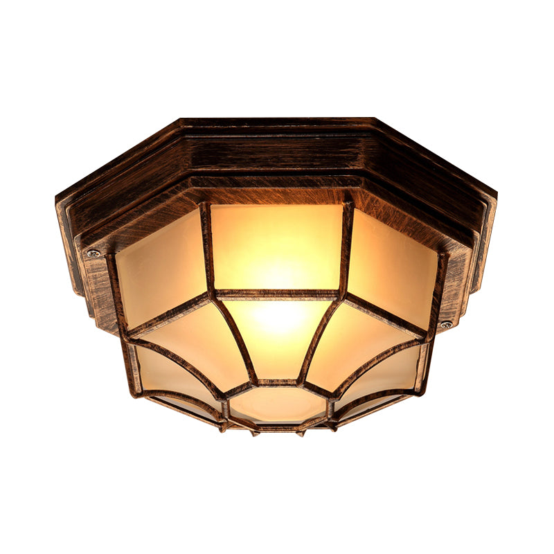 1 Light Flush Mount Fixture Lodge Octagonal Frosted Glass Close to Ceiling Light in Bronze with Cage Clearhalo 'Ceiling Lights' 'Close To Ceiling Lights' 'Close to ceiling' 'Flush mount' Lighting' 819525