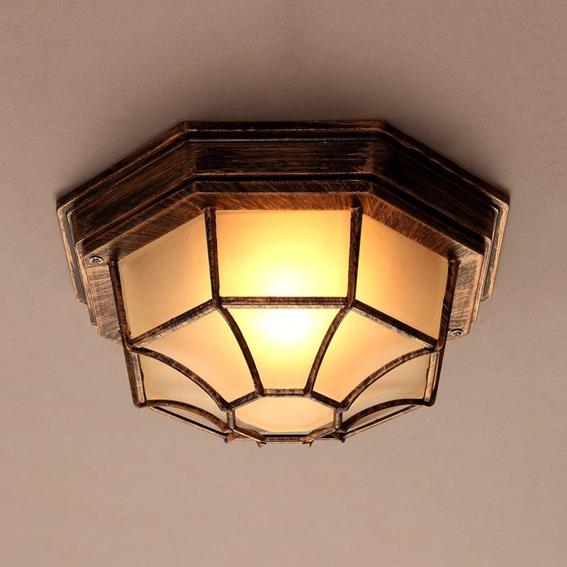 1 Light Flush Mount Fixture Lodge Octagonal Frosted Glass Close to Ceiling Light in Bronze with Cage Clearhalo 'Ceiling Lights' 'Close To Ceiling Lights' 'Close to ceiling' 'Flush mount' Lighting' 819526