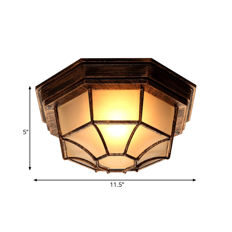 1 Light Flush Mount Fixture Lodge Octagonal Frosted Glass Close to Ceiling Light in Bronze with Cage Clearhalo 'Ceiling Lights' 'Close To Ceiling Lights' 'Close to ceiling' 'Flush mount' Lighting' 819527