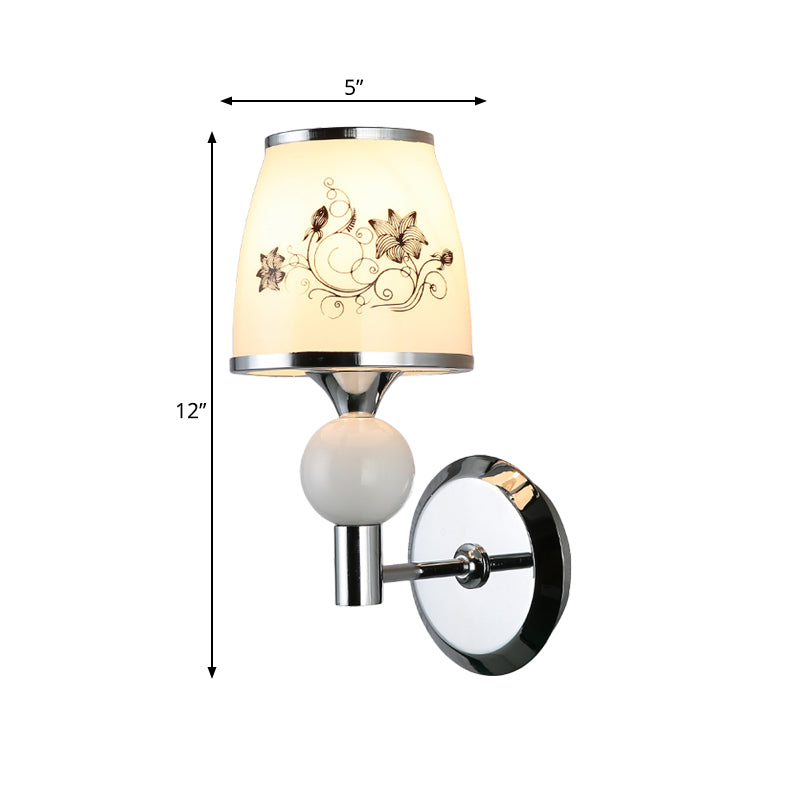 Pastoral Tapered Wall Lamp Single-Bulb White Patterned Glass Sconce Light in Chrome Clearhalo 'Wall Lamps & Sconces' 'Wall Lights' Lighting' 819702