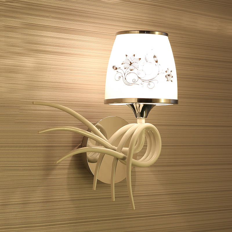 1 Head Whirling Wall Light Fixture Korean Garden White Frosted Glass Wall Sconce with Cone Shade White Clearhalo 'Wall Lamps & Sconces' 'Wall Lights' Lighting' 819703