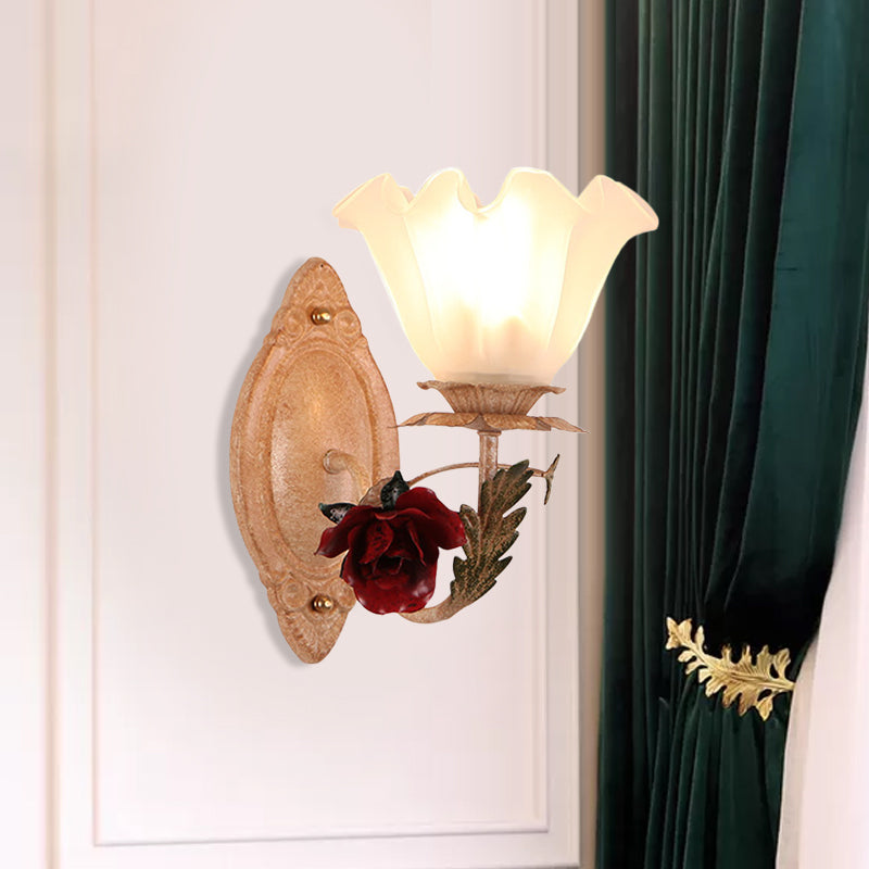 Opal Glass Flower Sconce Lamp American Garden 1 Bulb Living Room Wall Light in Light-Brown/White Light Brown Clearhalo 'Wall Lamps & Sconces' 'Wall Lights' Lighting' 819722