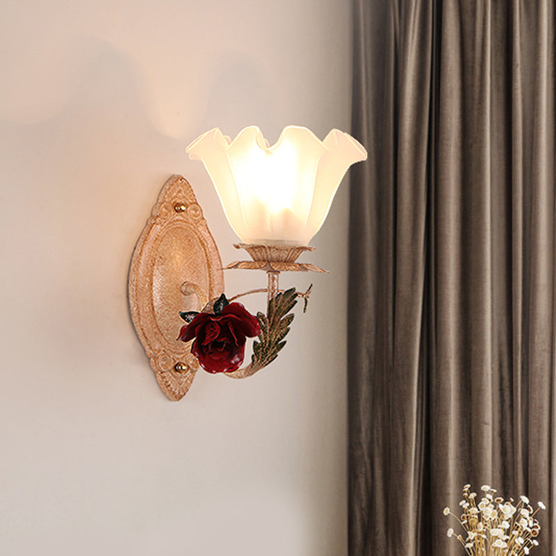 Opal Glass Flower Sconce Lamp American Garden 1 Bulb Living Room Wall Light in Light-Brown/White Clearhalo 'Wall Lamps & Sconces' 'Wall Lights' Lighting' 819723