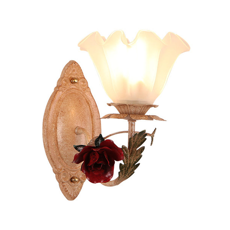 Opal Glass Flower Sconce Lamp American Garden 1 Bulb Living Room Wall Light in Light-Brown/White Clearhalo 'Wall Lamps & Sconces' 'Wall Lights' Lighting' 819724