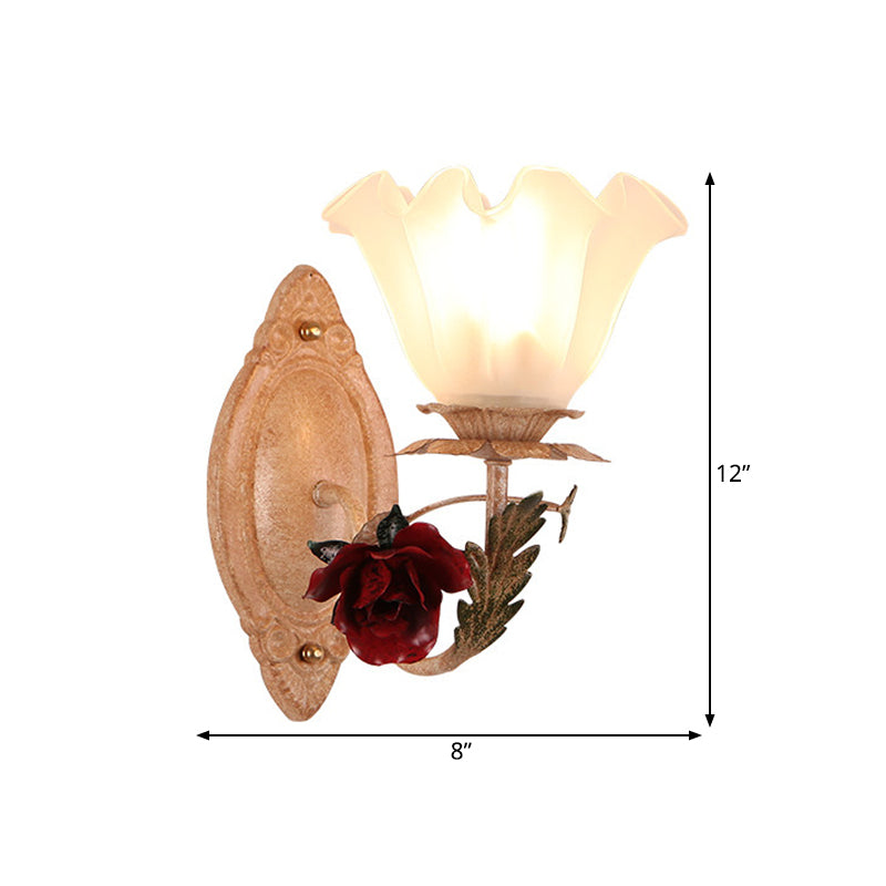 Opal Glass Flower Sconce Lamp American Garden 1 Bulb Living Room Wall Light in Light-Brown/White Clearhalo 'Wall Lamps & Sconces' 'Wall Lights' Lighting' 819725