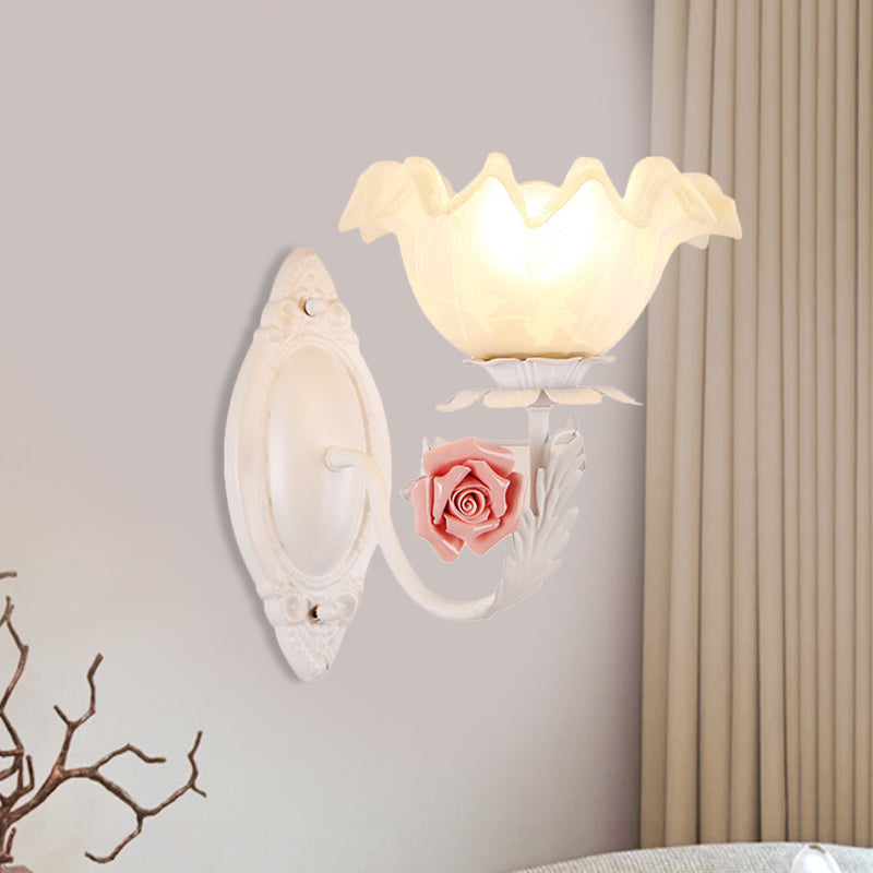 Opal Glass Flower Sconce Lamp American Garden 1 Bulb Living Room Wall Light in Light-Brown/White White Clearhalo 'Wall Lamps & Sconces' 'Wall Lights' Lighting' 819726