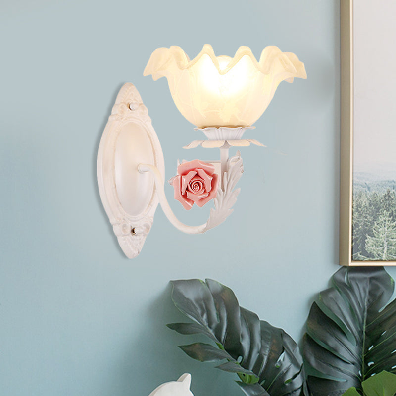 Opal Glass Flower Sconce Lamp American Garden 1 Bulb Living Room Wall Light in Light-Brown/White Clearhalo 'Wall Lamps & Sconces' 'Wall Lights' Lighting' 819727